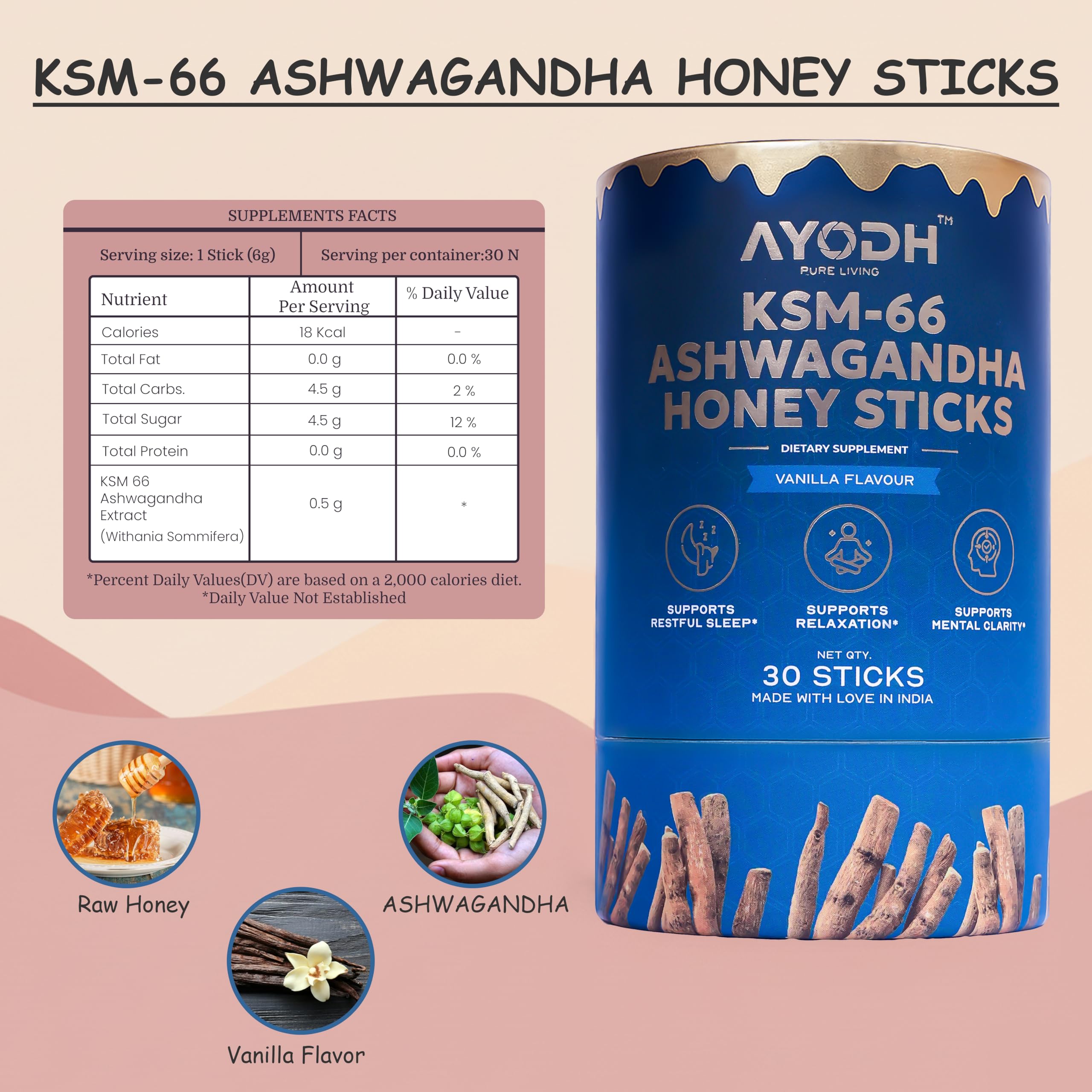 AYODH Ashwagandha honey sticks provide a tasty daily option