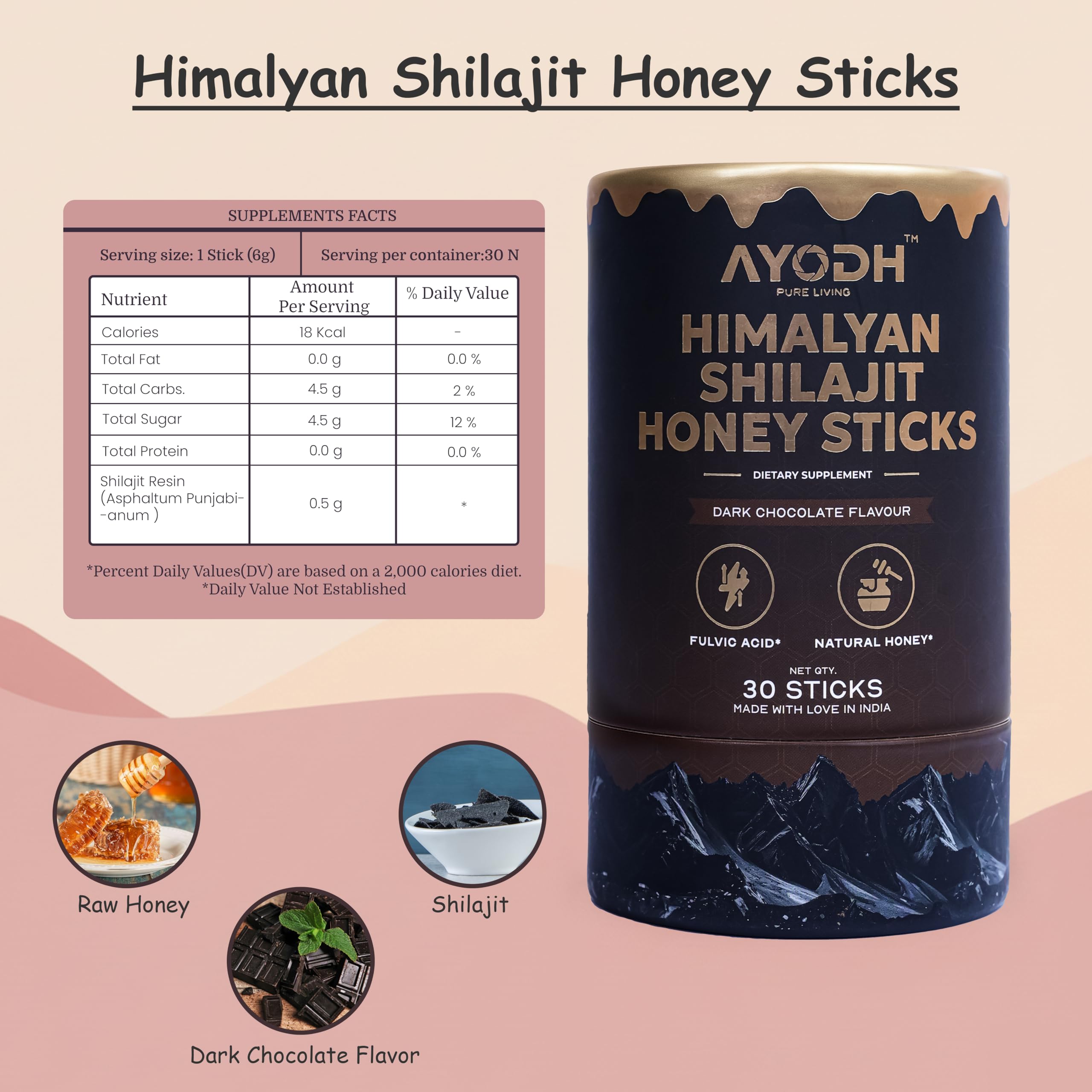 AYODH Honey Sticks rich in fulvic acid and minerals.