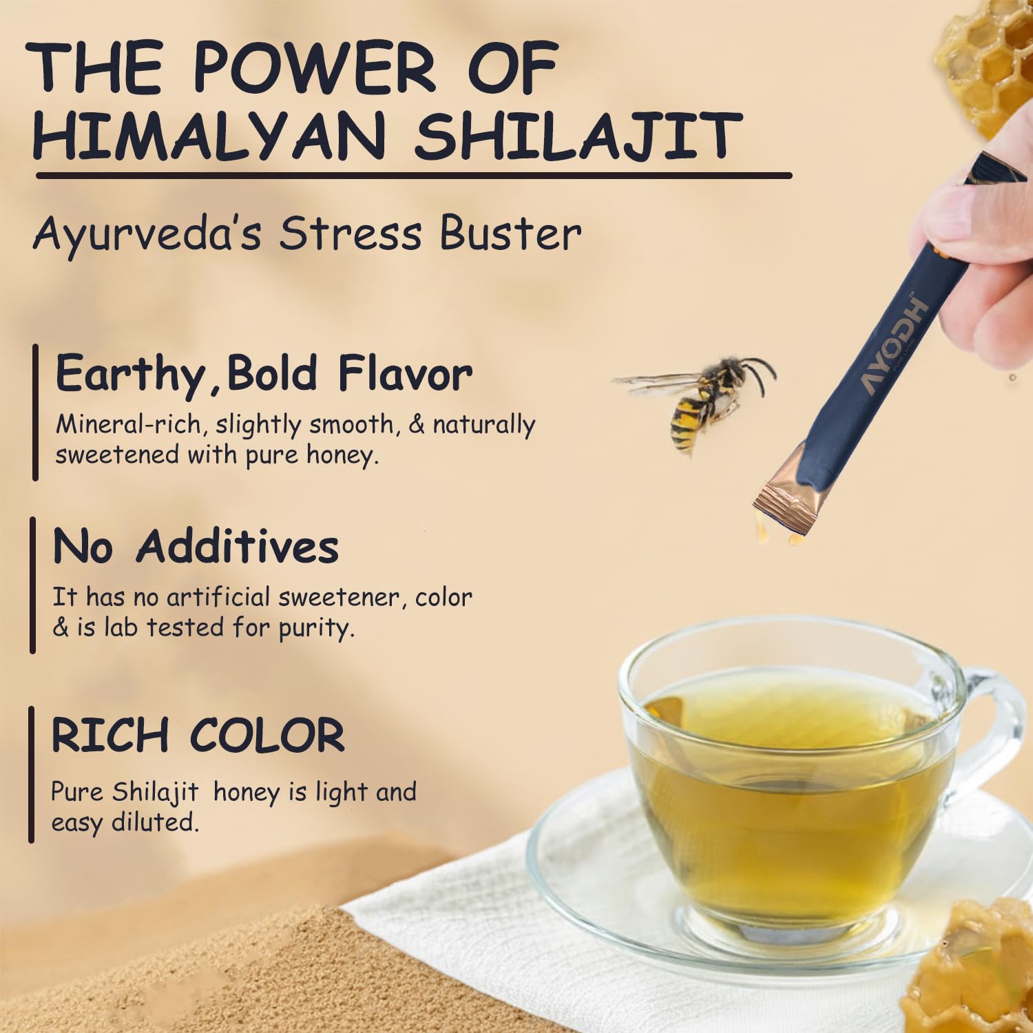 AYODH Shilajit Honey Sticks mixed into tea cup for easy blending.