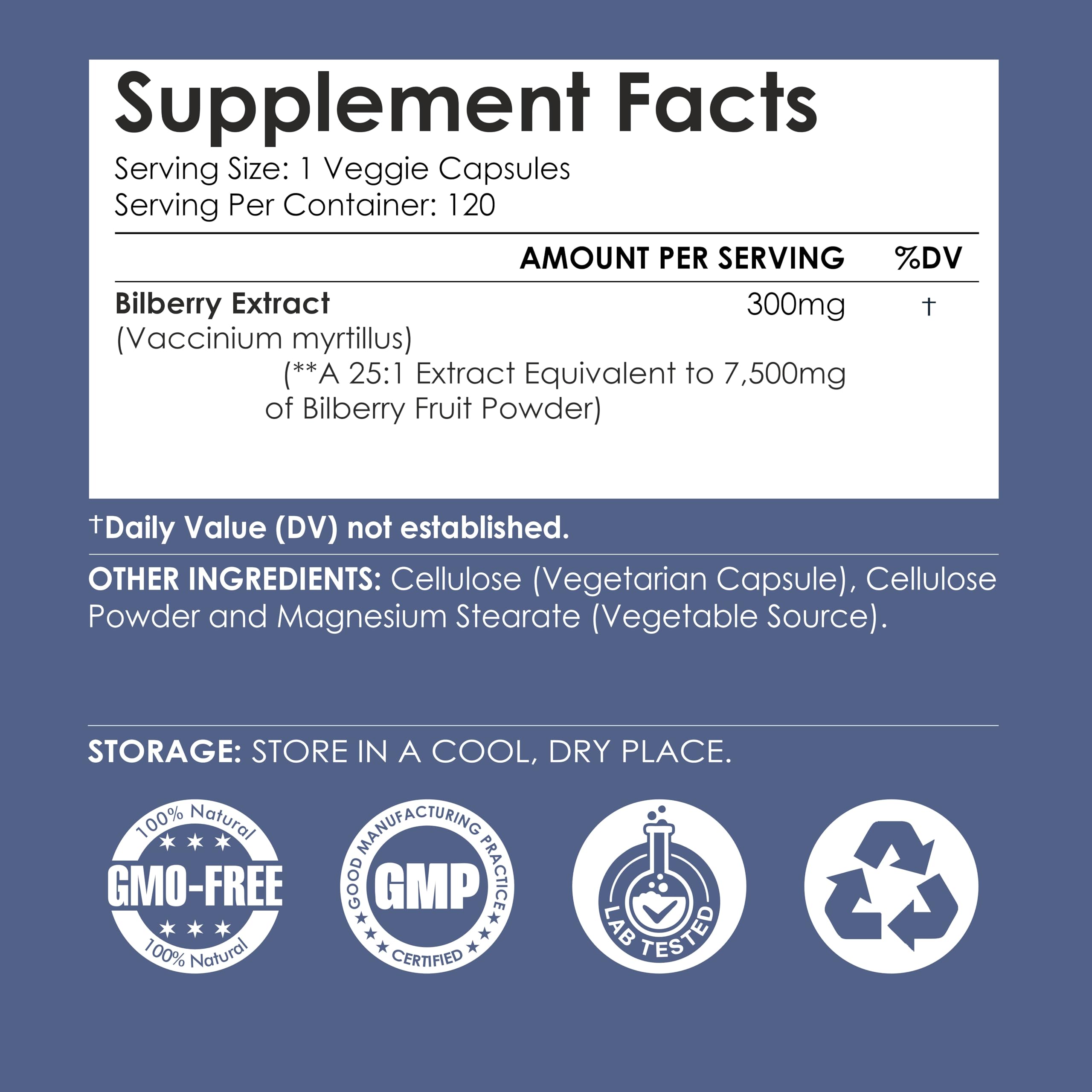 Ayorish Bilberry Extract Capsules label shows vegetarian, non-GMO, gluten-free features for clean choices.