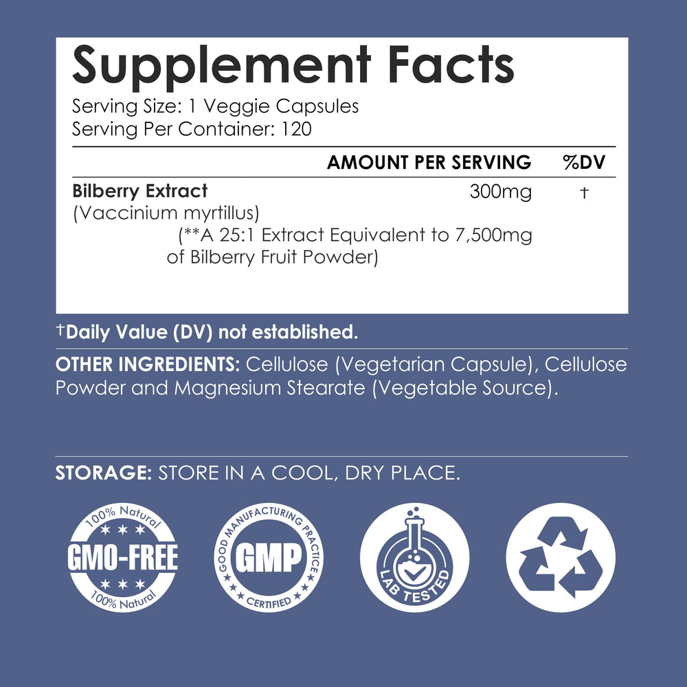 Ayorish Bilberry Extract Capsules label shows vegetarian, non-GMO, gluten-free features for clean choices.