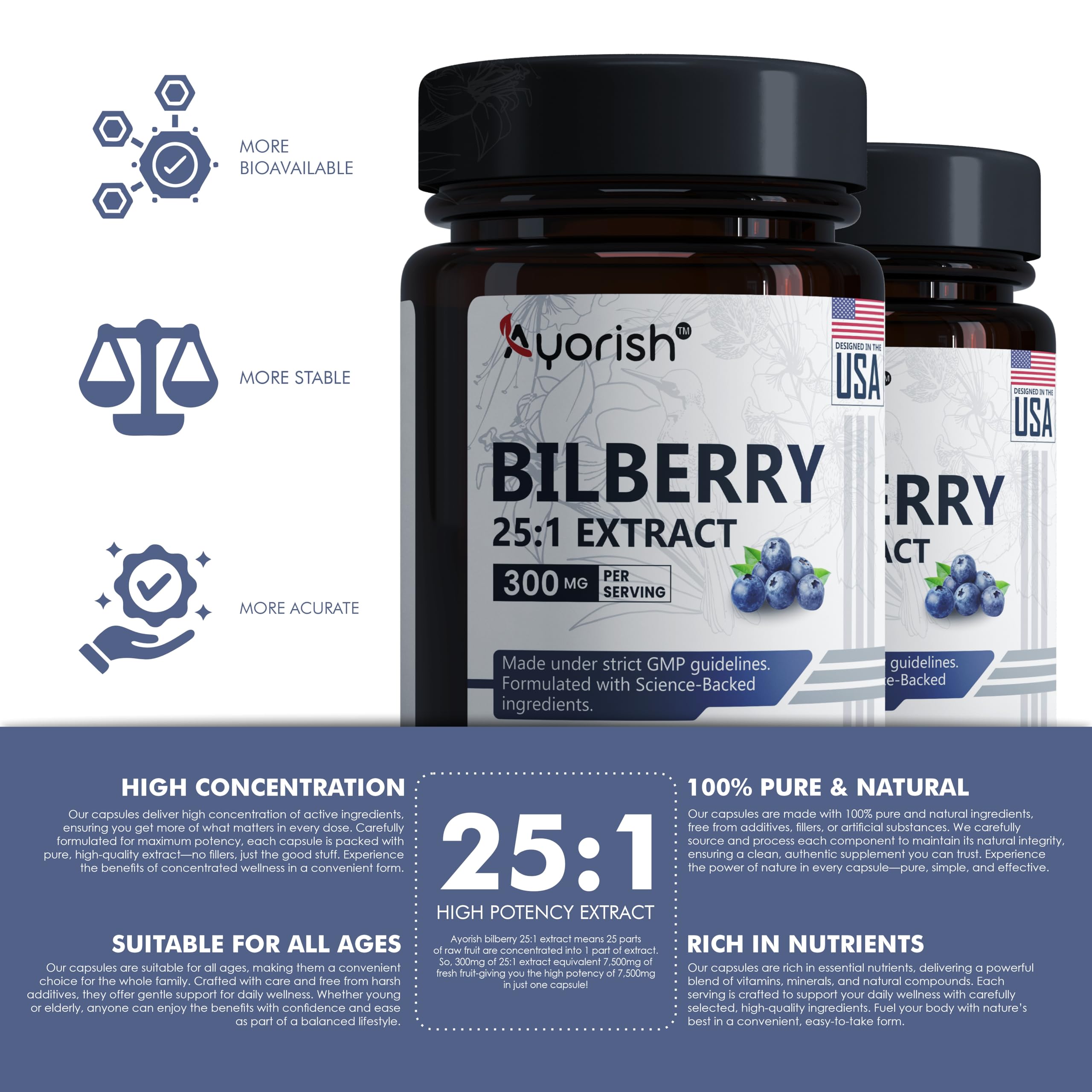 Ayorish Bilberry Extract Capsules pour demonstrates convenient, ready-to-use packaging in daily routines.