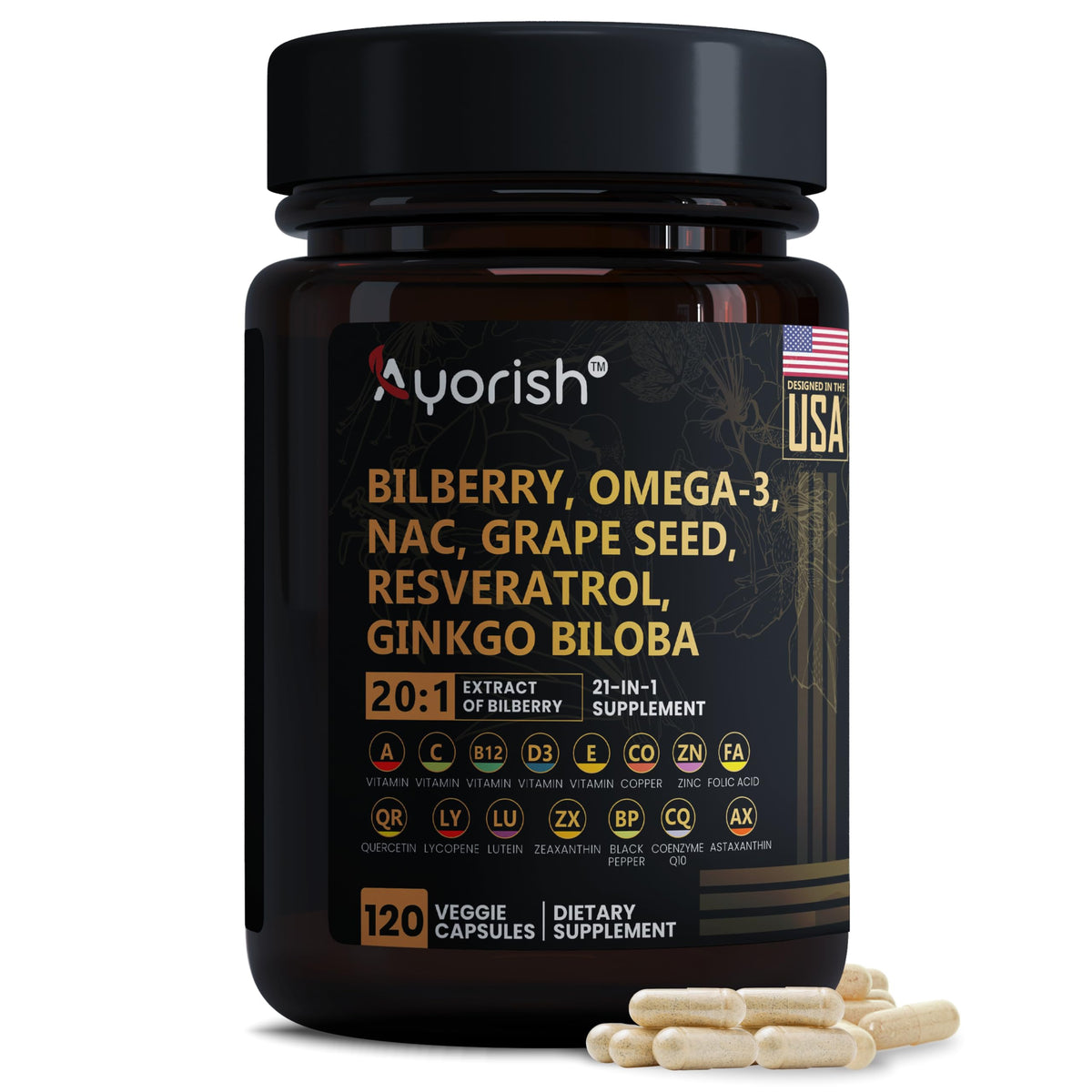 Ayorish bilberry-lutein-zeaxanthin capsules on bottle label for daily eye nourishment.