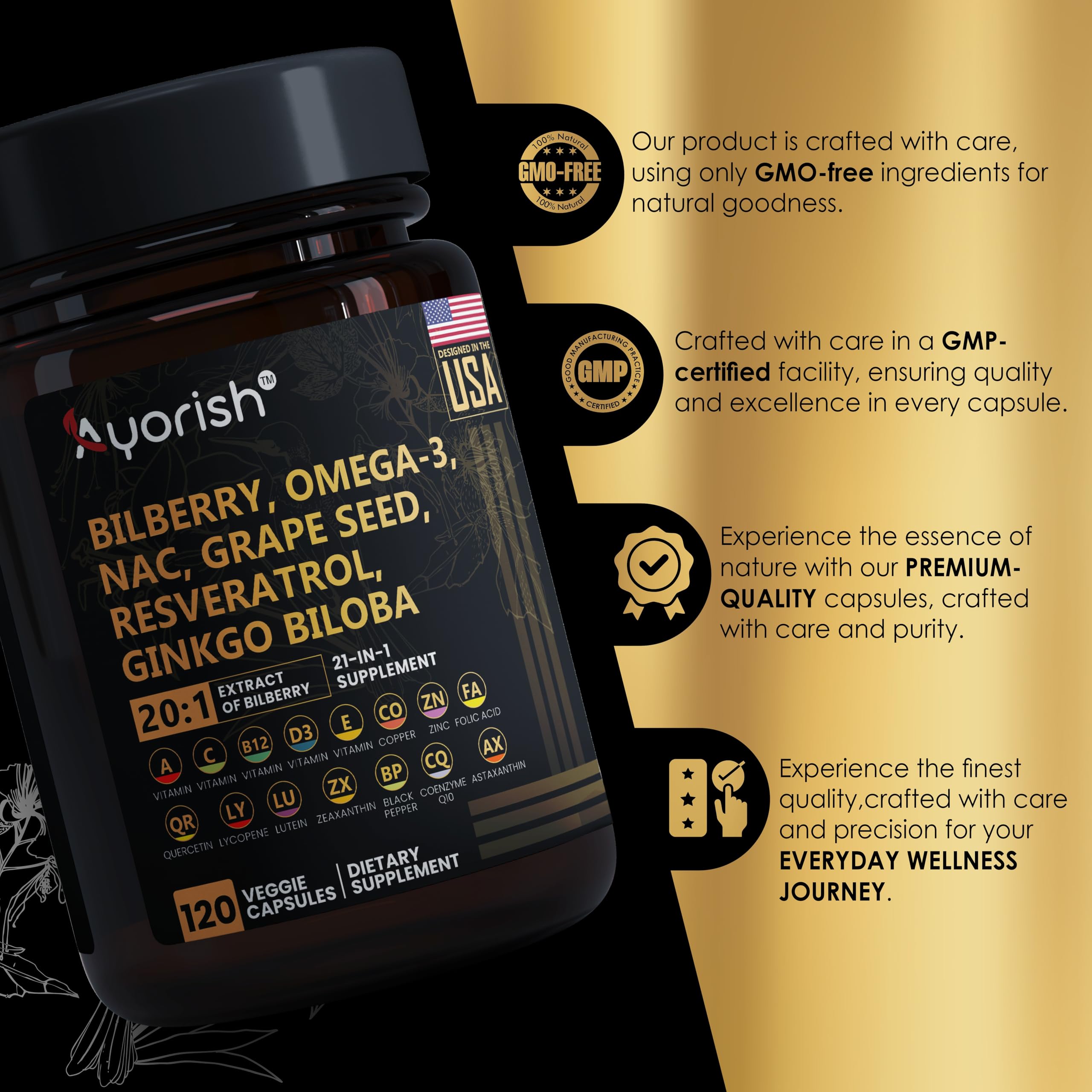 Ayorish ginkgo-bilberry-grape-seed extract capsules shown as a comprehensive eye blend.