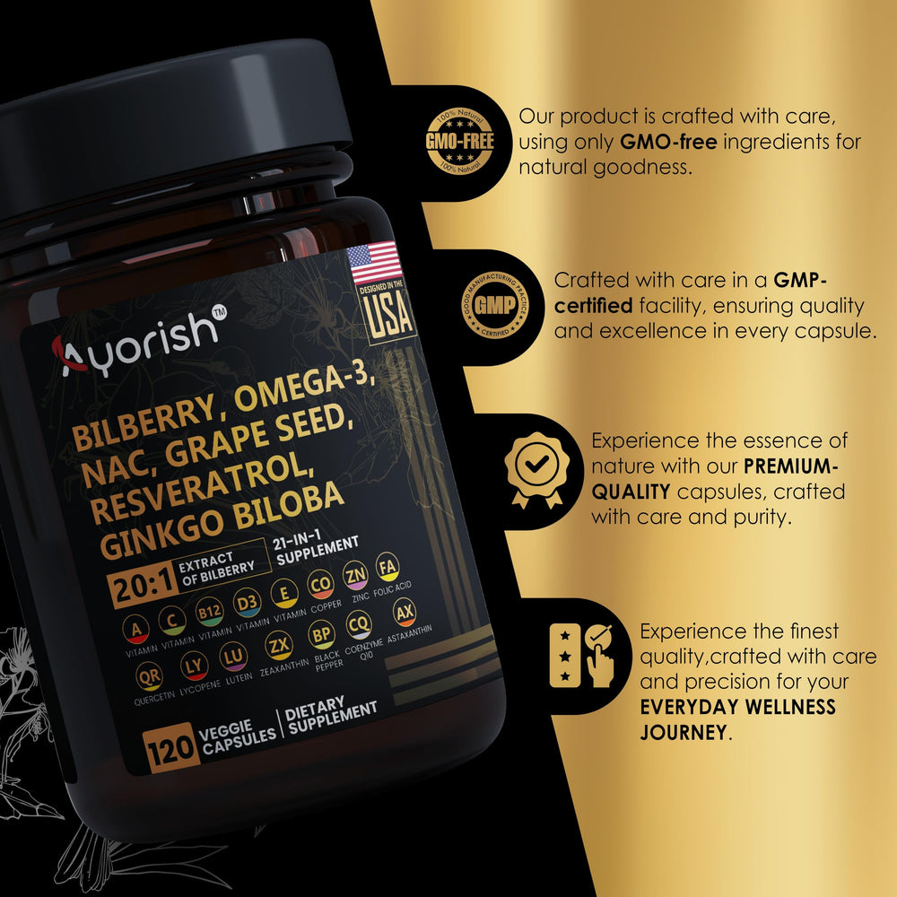 Ayorish ginkgo-bilberry-grape-seed extract capsules shown as a comprehensive eye blend.