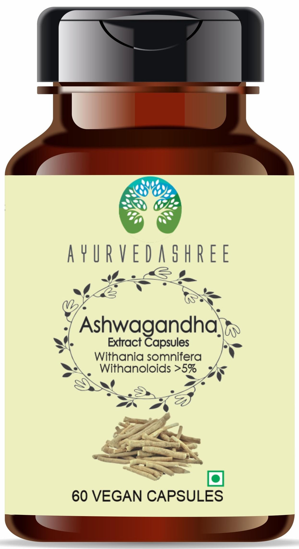 AYURVEDASHREE Ashwagandha bottle with capsules for daily wellness