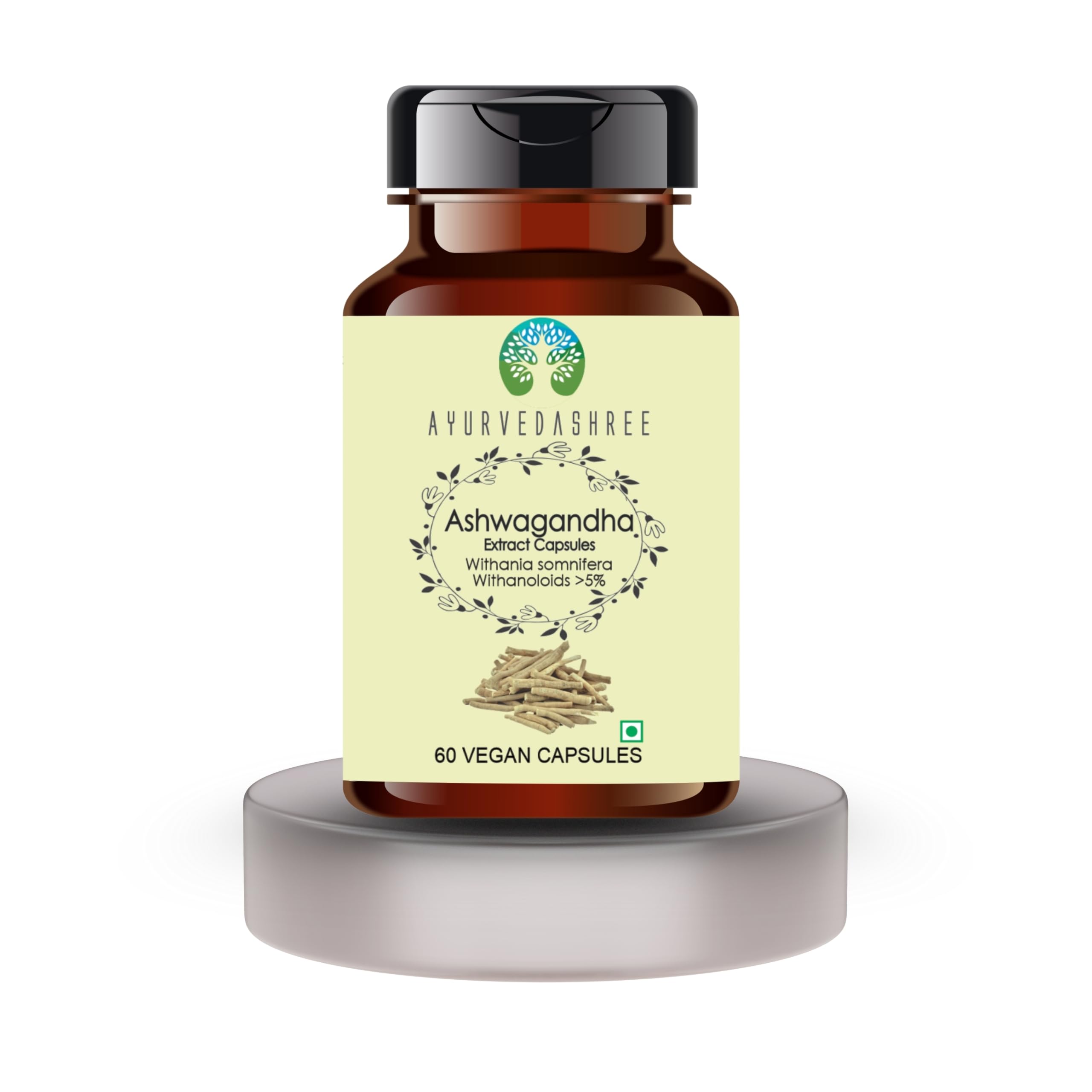 Close-up of AYURVEDASHREE Ashwagandha capsules for stress support