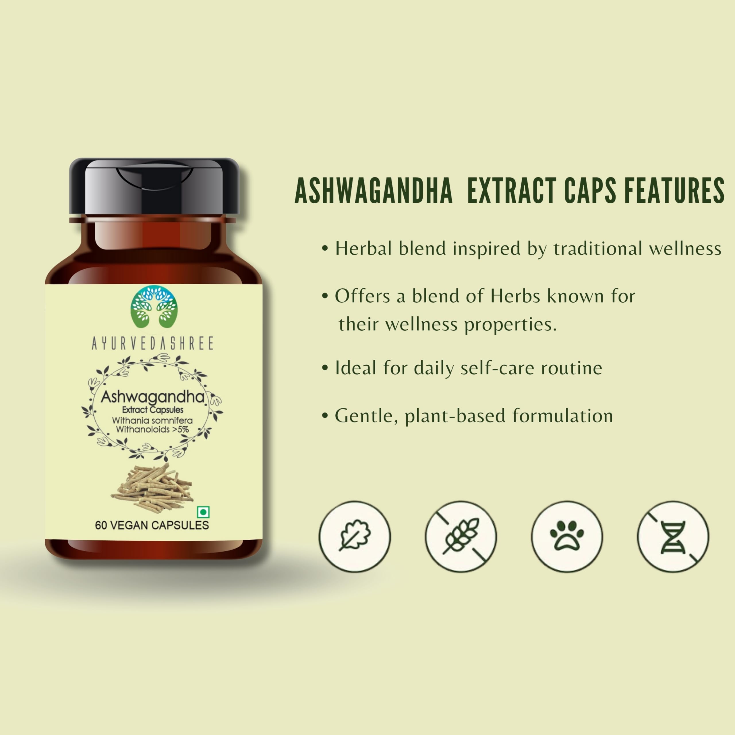 AYURVEDASHREE Ashwagandha root highlights natural sourcing