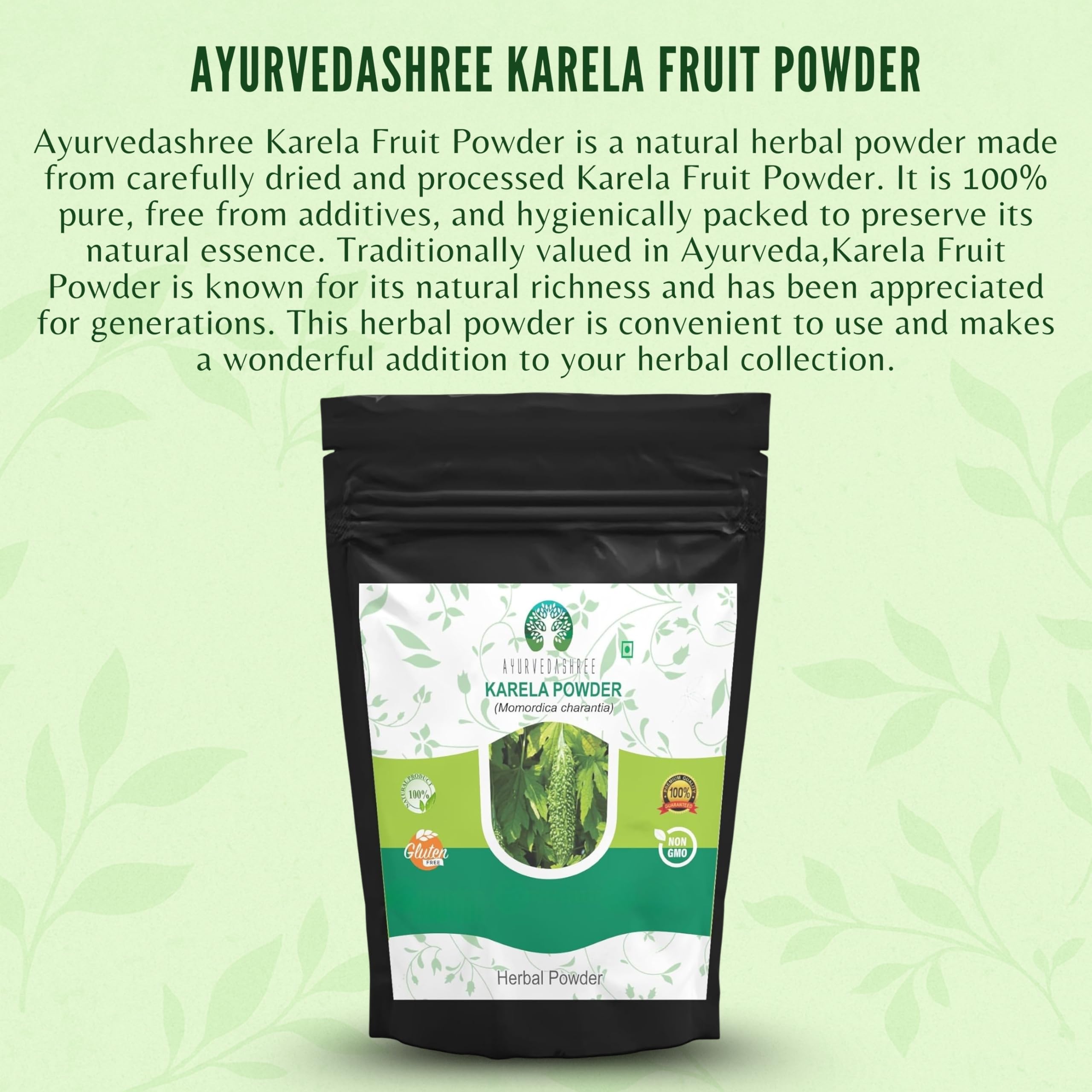 AYURVEDASHREE Bitter Melon Powder closeup reveals natural color and aromatic bitters for routines.
