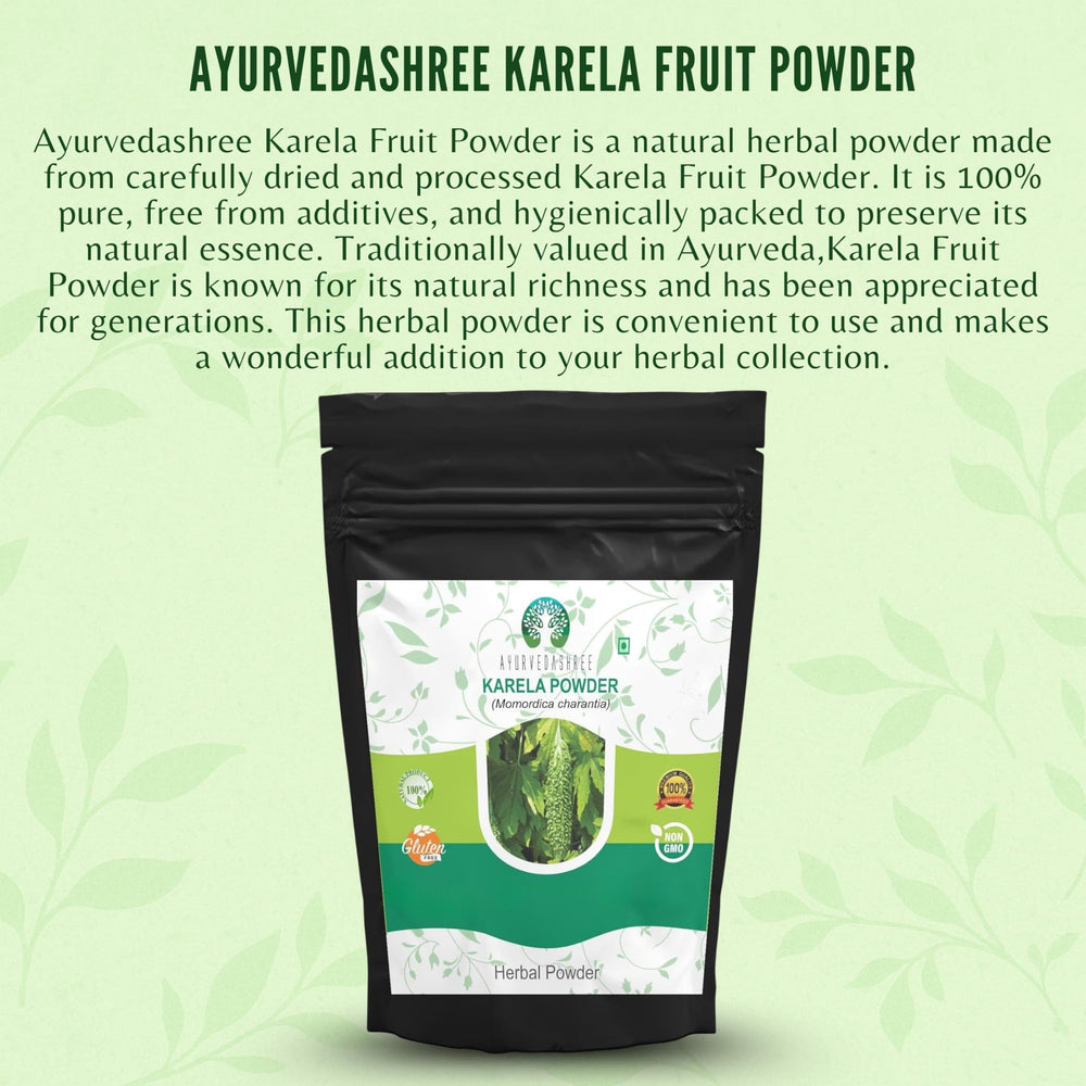 AYURVEDASHREE Bitter Melon Powder closeup reveals natural color and aromatic bitters for routines.