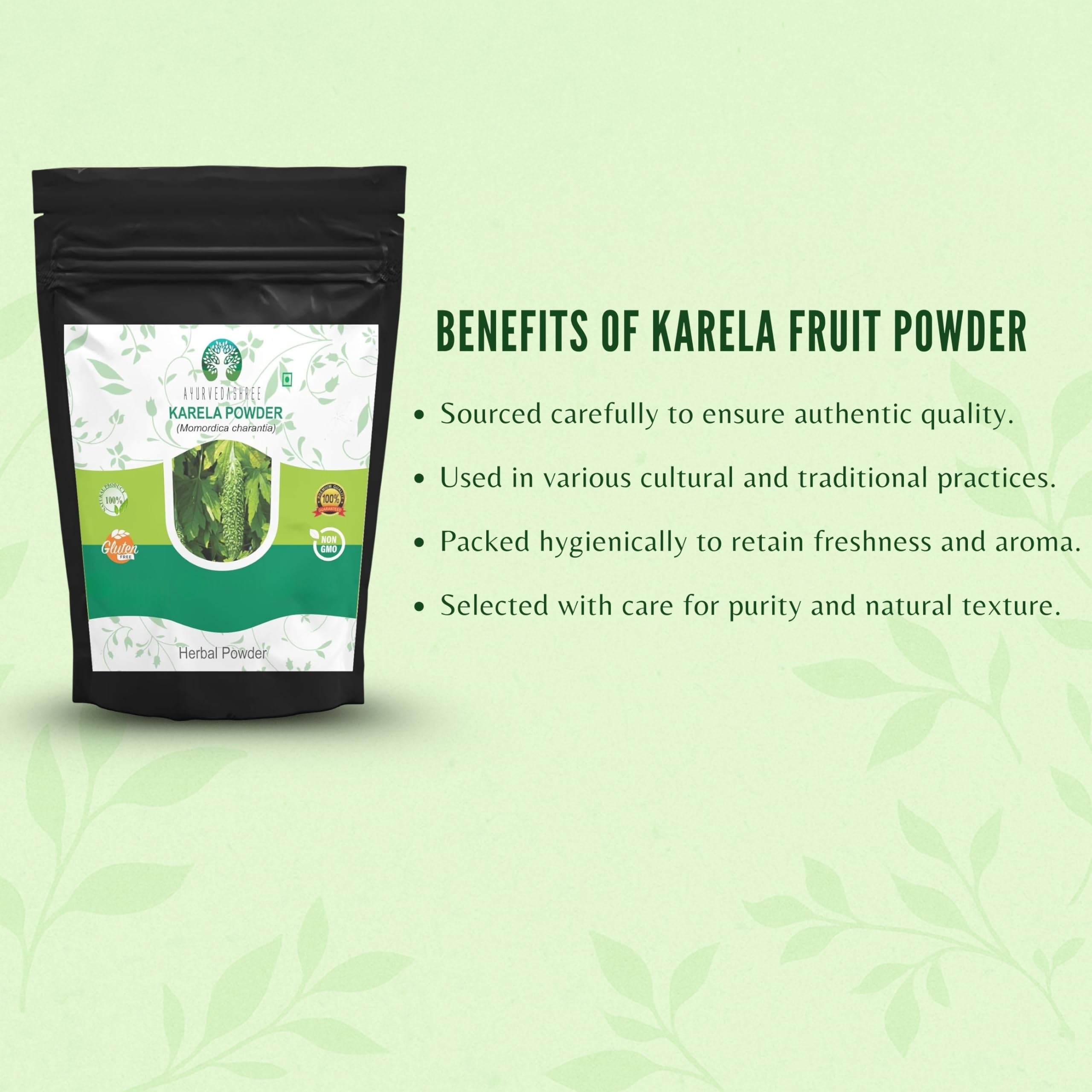 AYURVEDASHREE Bitter Melon Powder with spoon ready for daily smoothies.