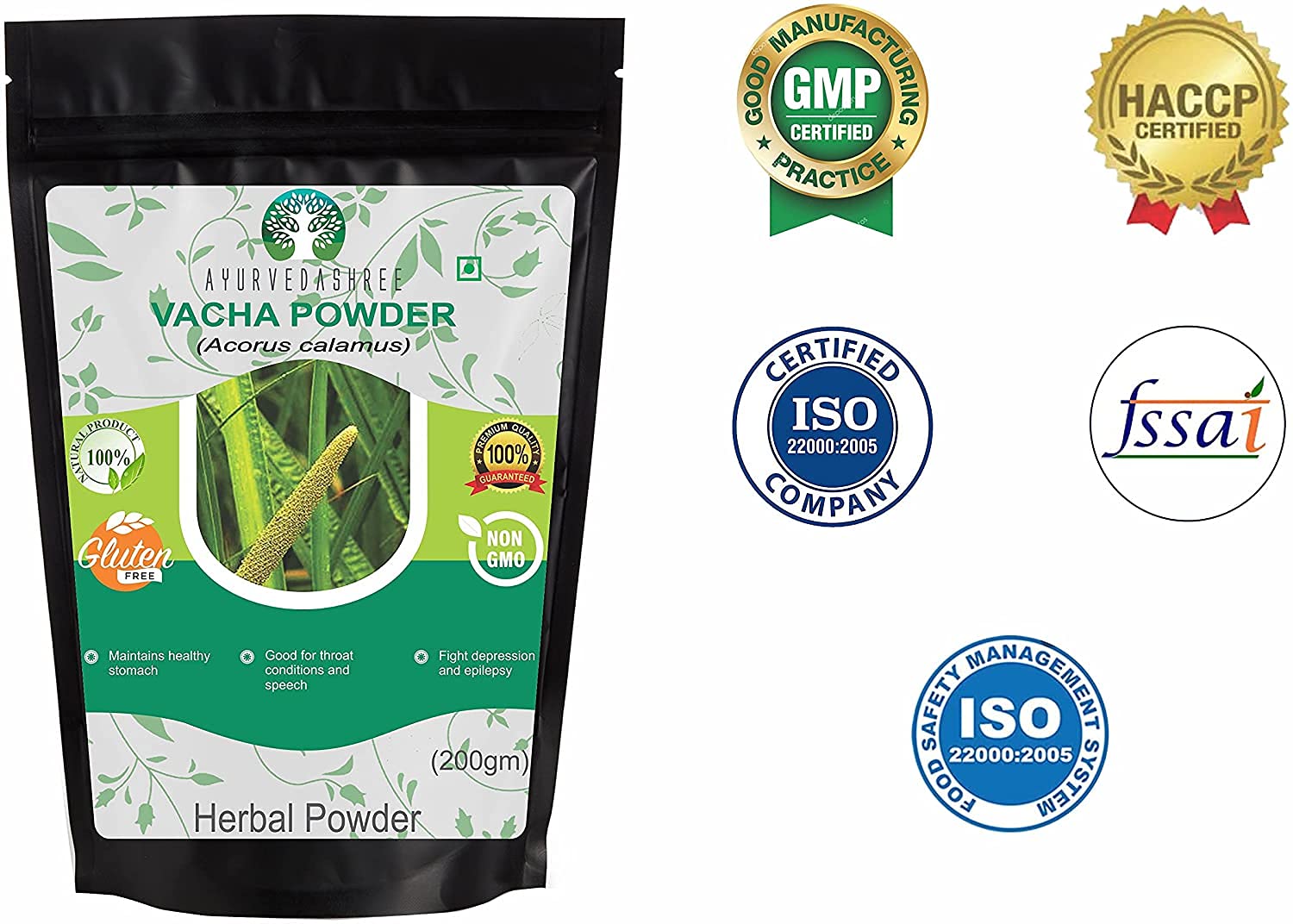 AYURVEDASHREE Calamus powder packaging highlighting GMP and gluten-free status.