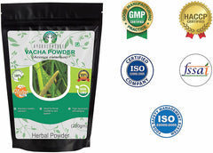 AYURVEDASHREE Calamus powder packaging highlighting GMP and gluten-free status.