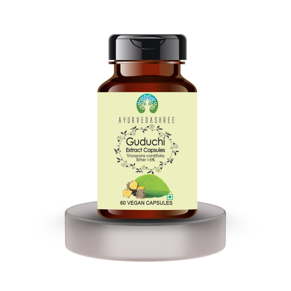 AYURVEDASHREE Guduchi capsules closeup, pure natural capsules for easy swallowing.