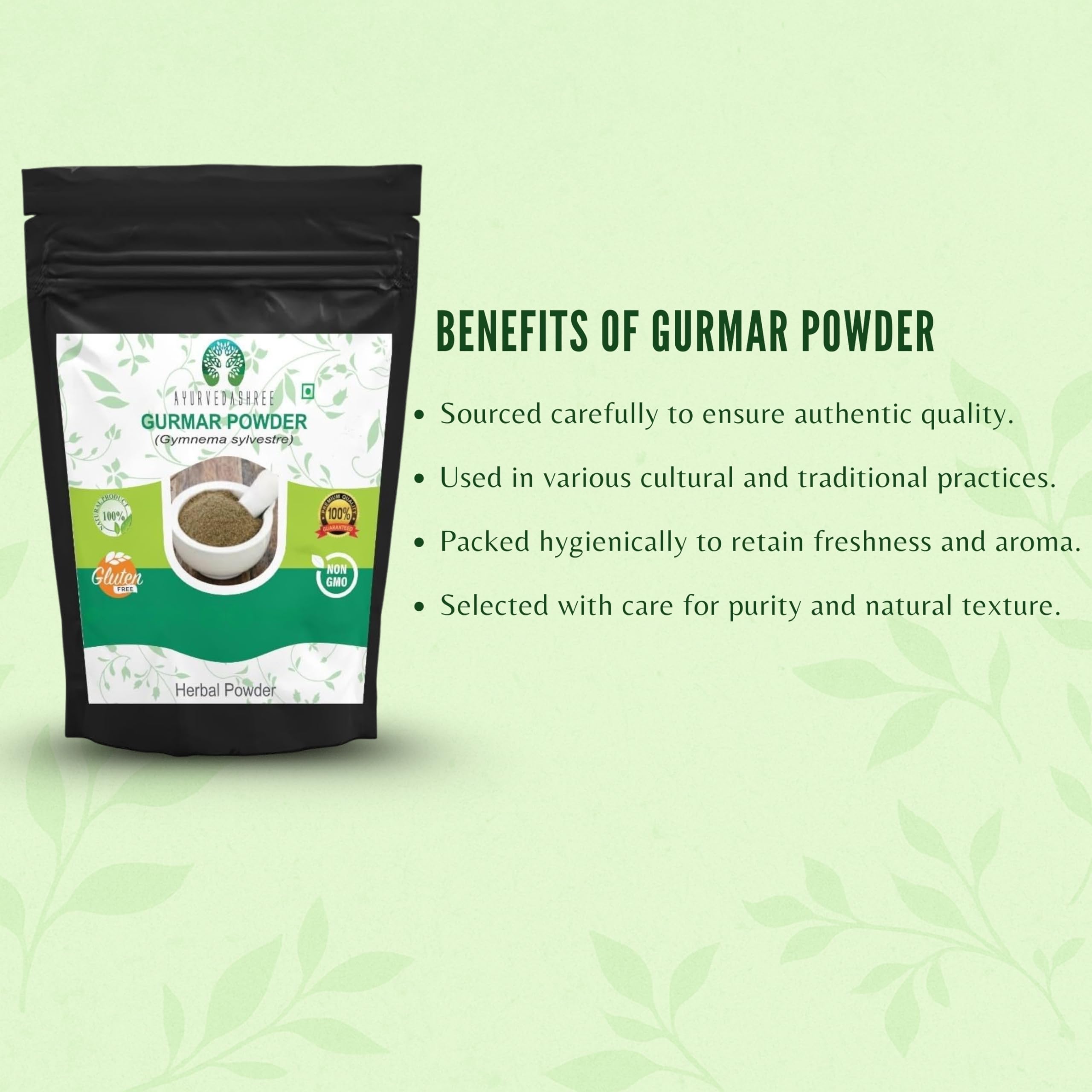AYURVEDASHREE Gurmar powder label emphasizes gluten-free and vegetarian formulation.