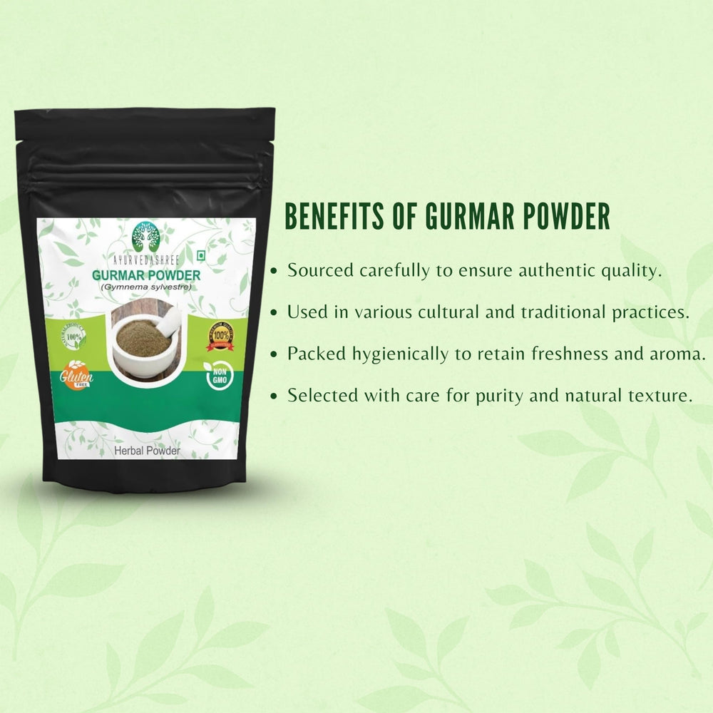 AYURVEDASHREE Gurmar powder label emphasizes gluten-free and vegetarian formulation.