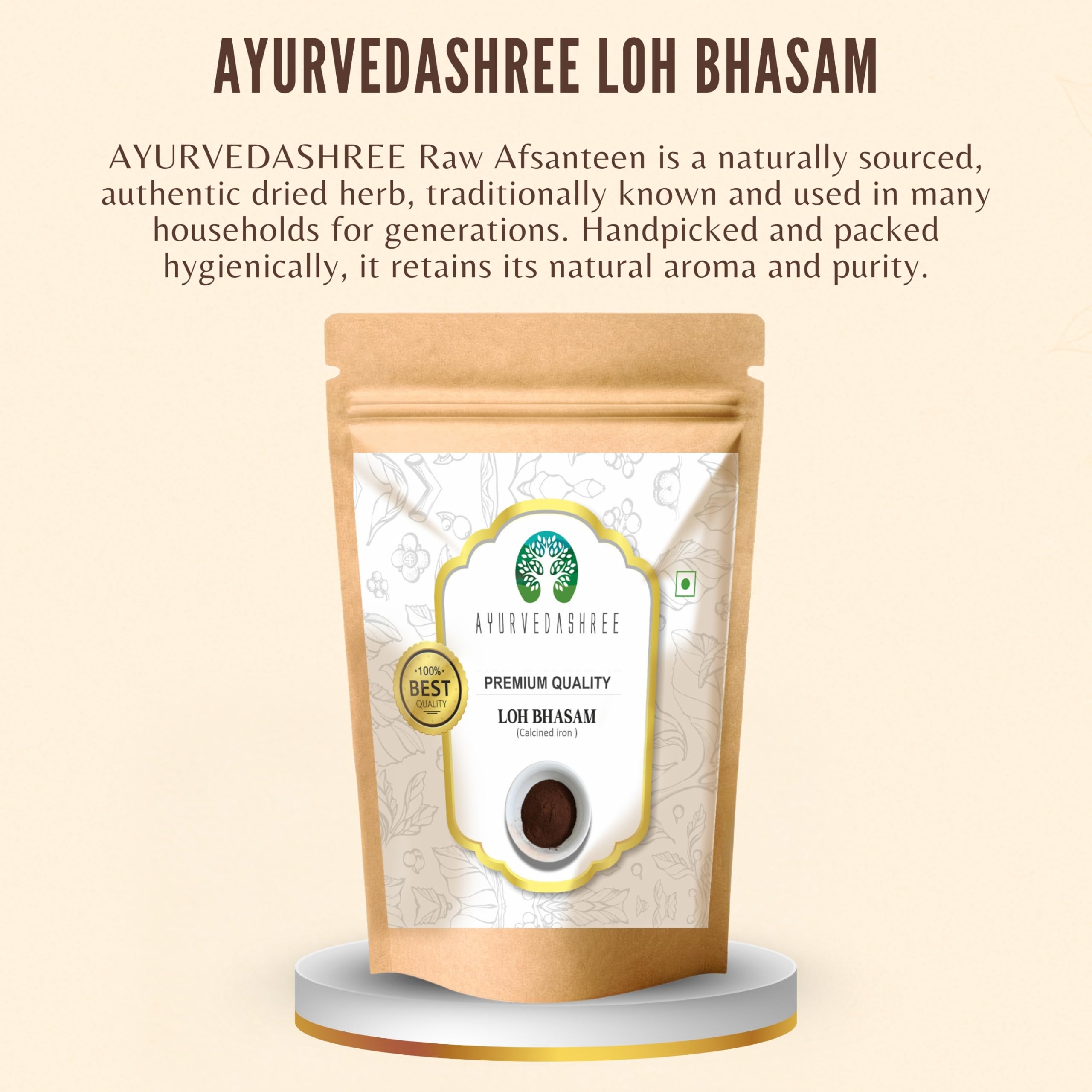 AYURVEDASHREE Loh Bhasma bottle with label highlights mineral-based iron content.