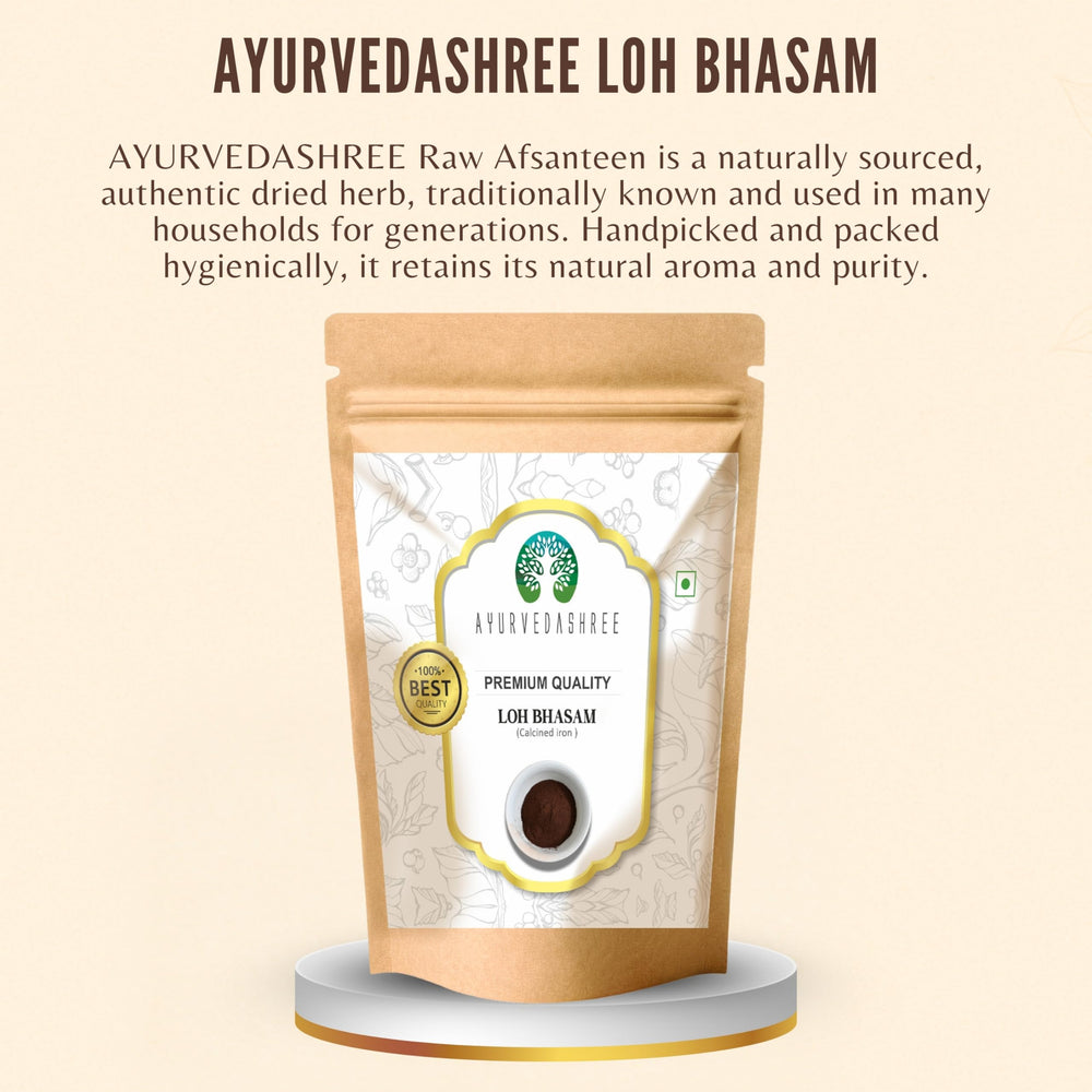 AYURVEDASHREE Loh Bhasma bottle with label highlights mineral-based iron content.