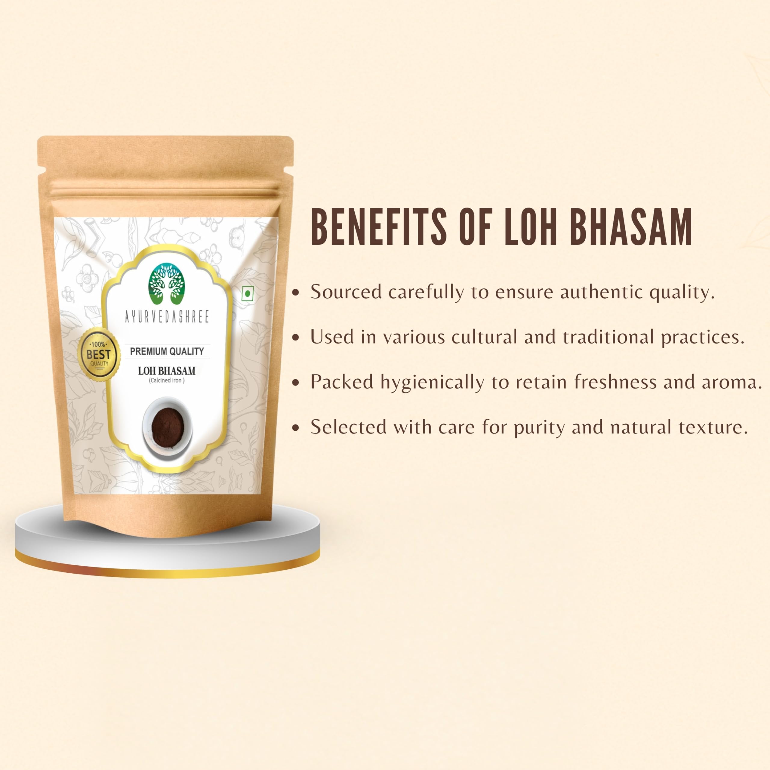 AYURVEDASHREE Loh Bhasma iron microgranules seen in container.