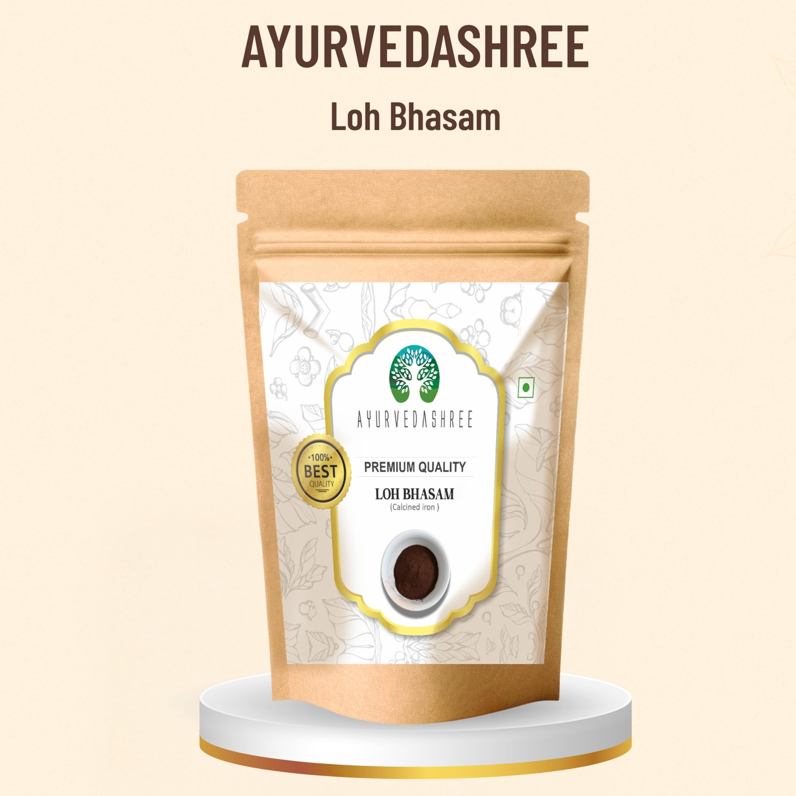 AYURVEDASHREE Loh Bhasma powder close-up shows micro-particles and calcined iron formulation.