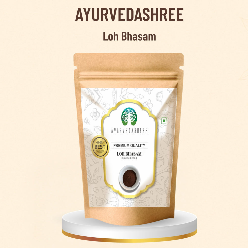 AYURVEDASHREE Loh Bhasma powder close-up shows micro-particles and calcined iron formulation.