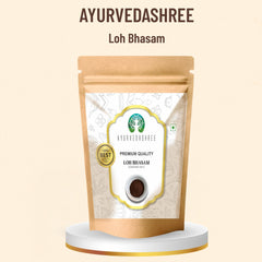 AYURVEDASHREE Loh Bhasma powder close-up shows micro-particles and calcined iron formulation.