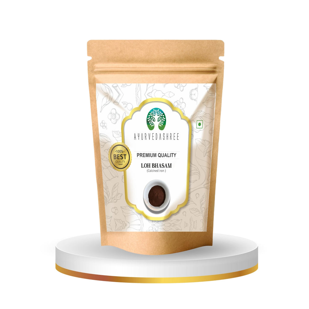 AYURVEDASHREE Loh Bhasma purified 50g pack showing fine mineral iron powder for daily use.