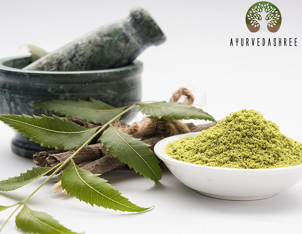 Closeup of AYURVEDASHREE Neem Leaf Powder texture showing fine consistency for masks