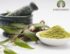 Closeup of AYURVEDASHREE Neem Leaf Powder texture showing fine consistency for masks