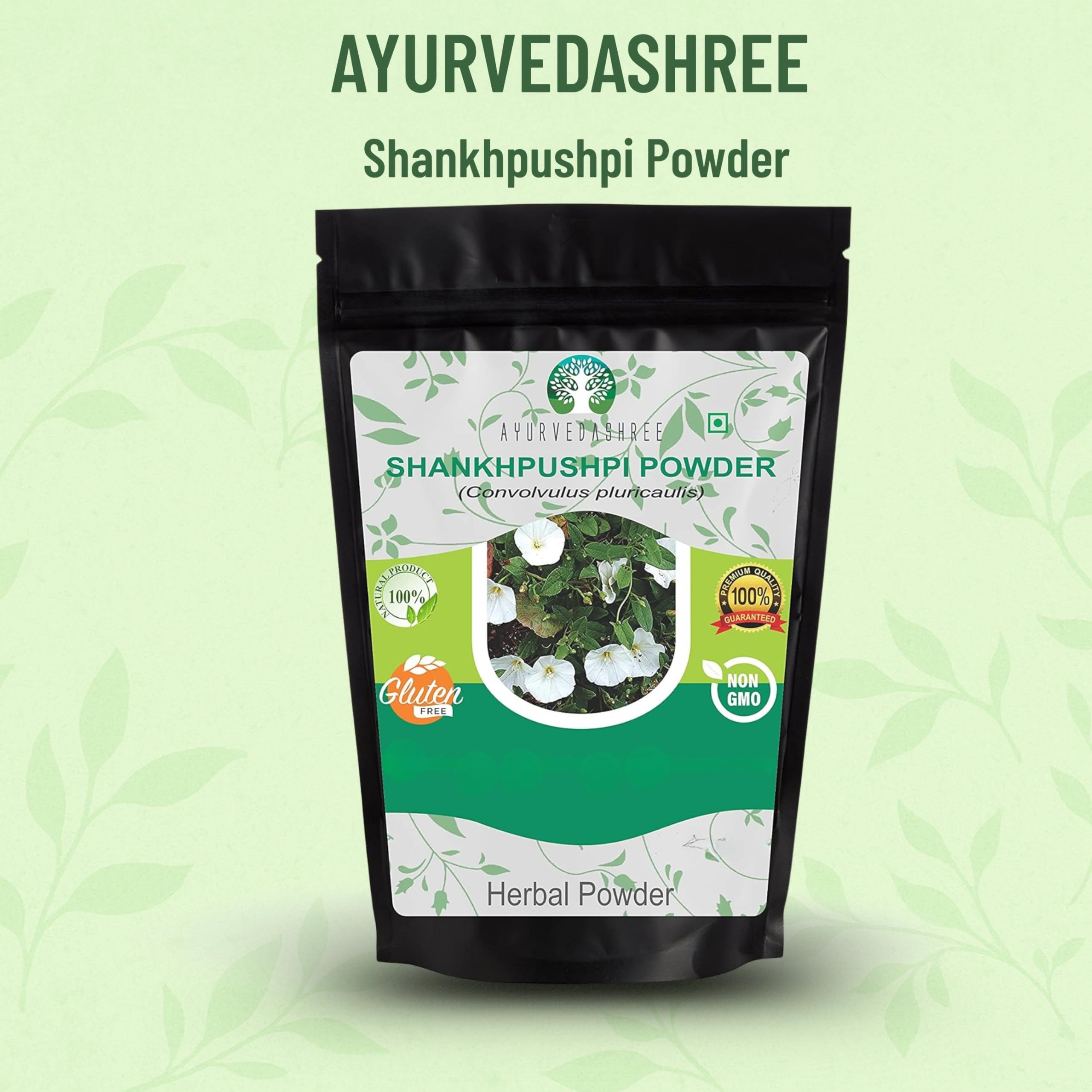 Ayurvedashree Shankhpushpi powder bottle closeup showing label and natural formulation for brain wellness.
