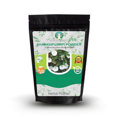 Ayurvedashree Shankhpushpi powder packaging highlighting immunity support and vegan ingredients.