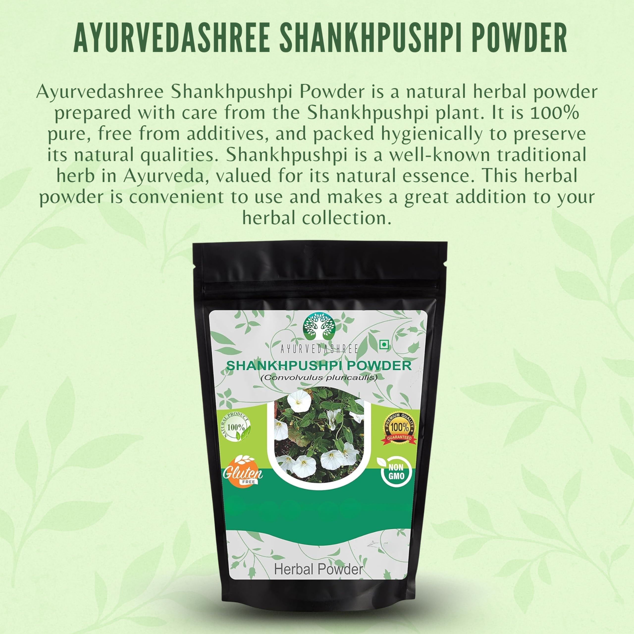 Ayurvedashree Shankhpushpi powder spoon dispense for easy daily dosing.