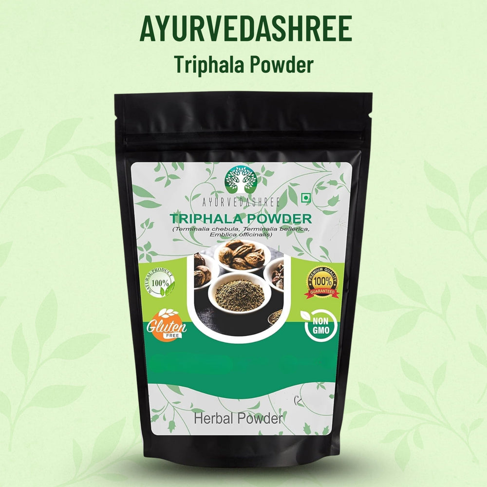 AYURVEDASHREE Triphala packaging label close-up highlighting Ayurvedic herb quality.