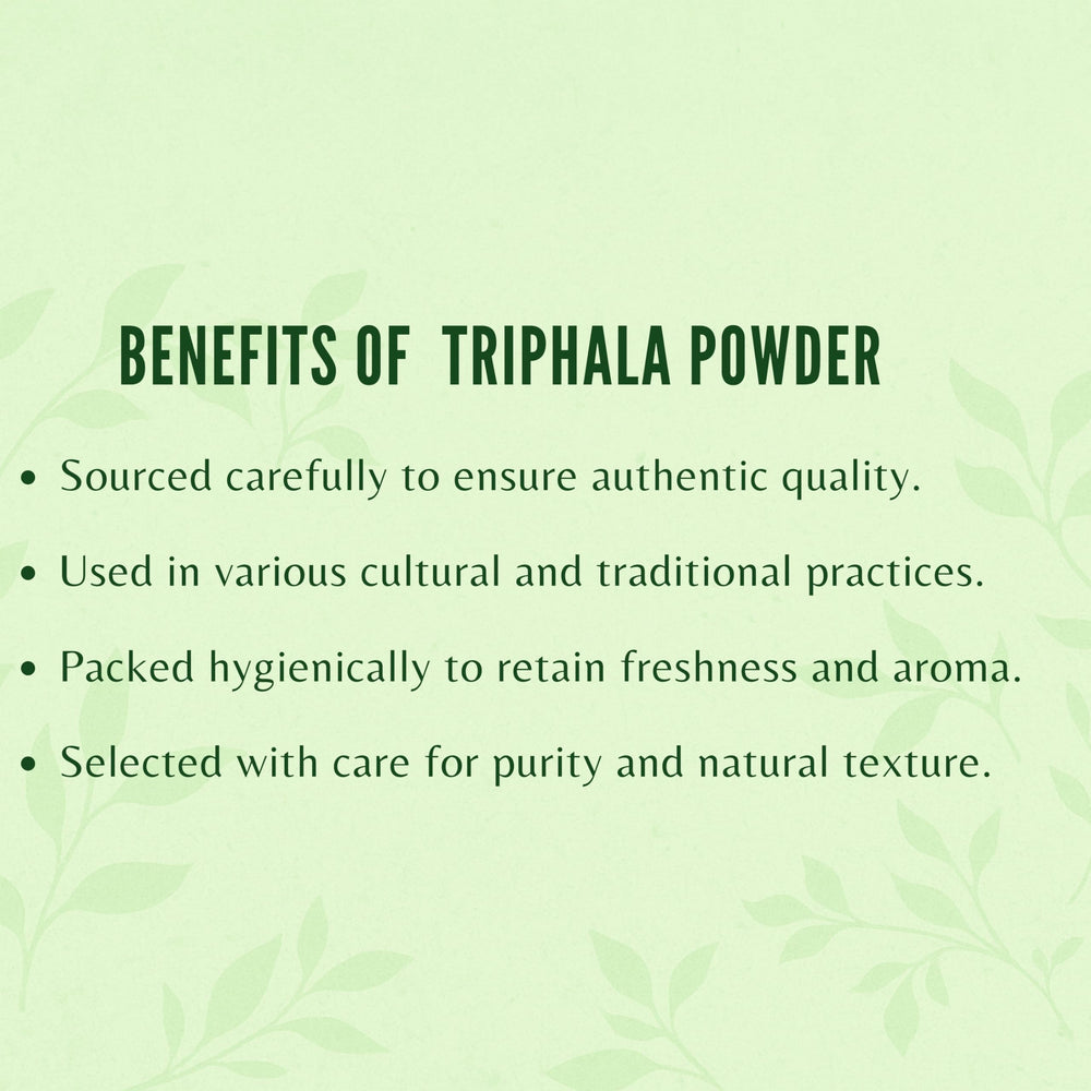AYURVEDASHREE Triphala powder ingredient list emphasizes amla, haritaki, bibhitaki purity.