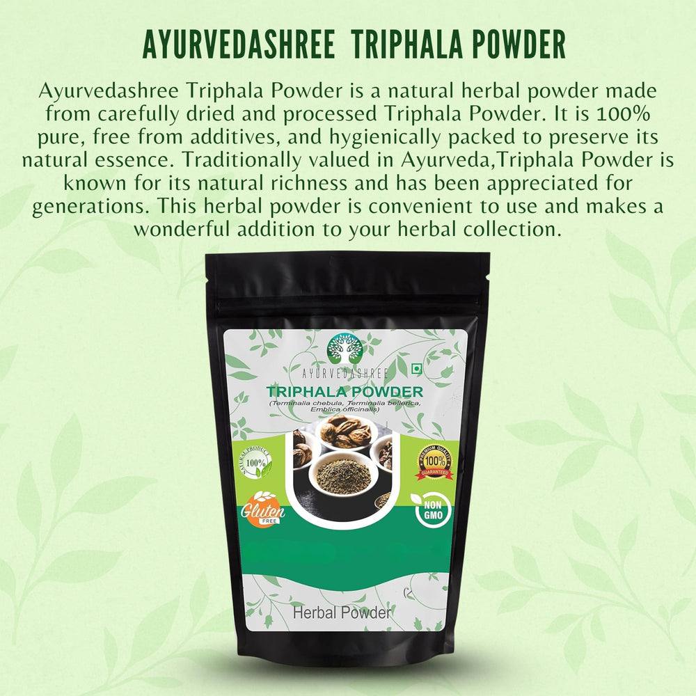 AYURVEDASHREE Triphala powder spoon portion suggests easy daily dosing and gentle cleansing.