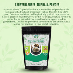 AYURVEDASHREE Triphala powder spoon portion suggests easy daily dosing and gentle cleansing.