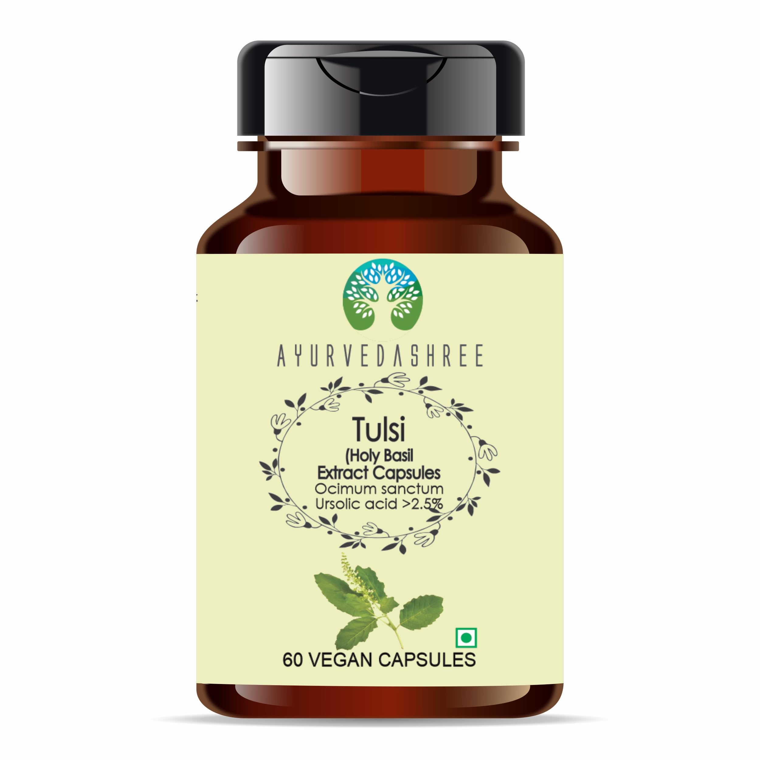 AYURVEDASHREE Tulsi Extract capsules bottle, vegan and gluten-free for everyday herbal support.