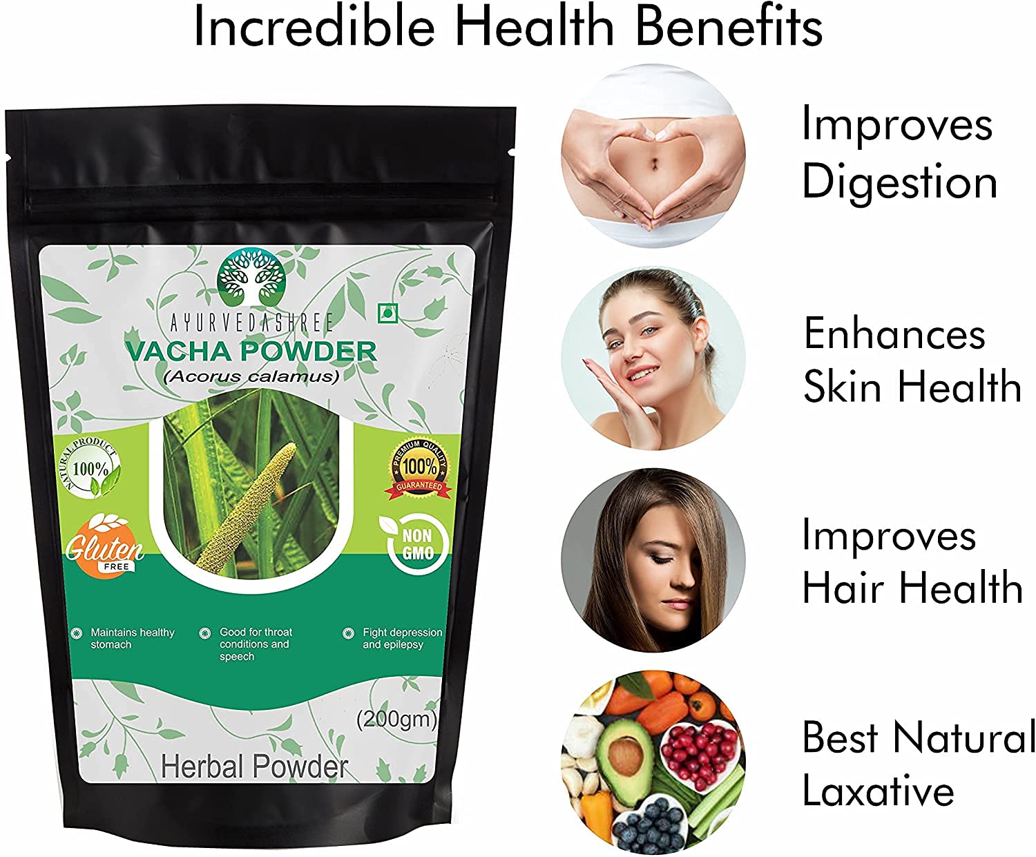 AYURVEDASHREE Vasambu powder shown for scalp nourishment and hair care.