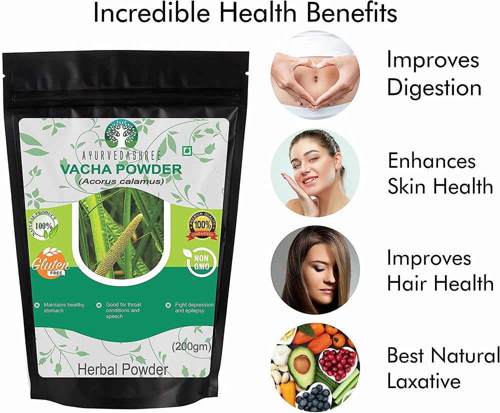 AYURVEDASHREE Vasambu powder shown for scalp nourishment and hair care.