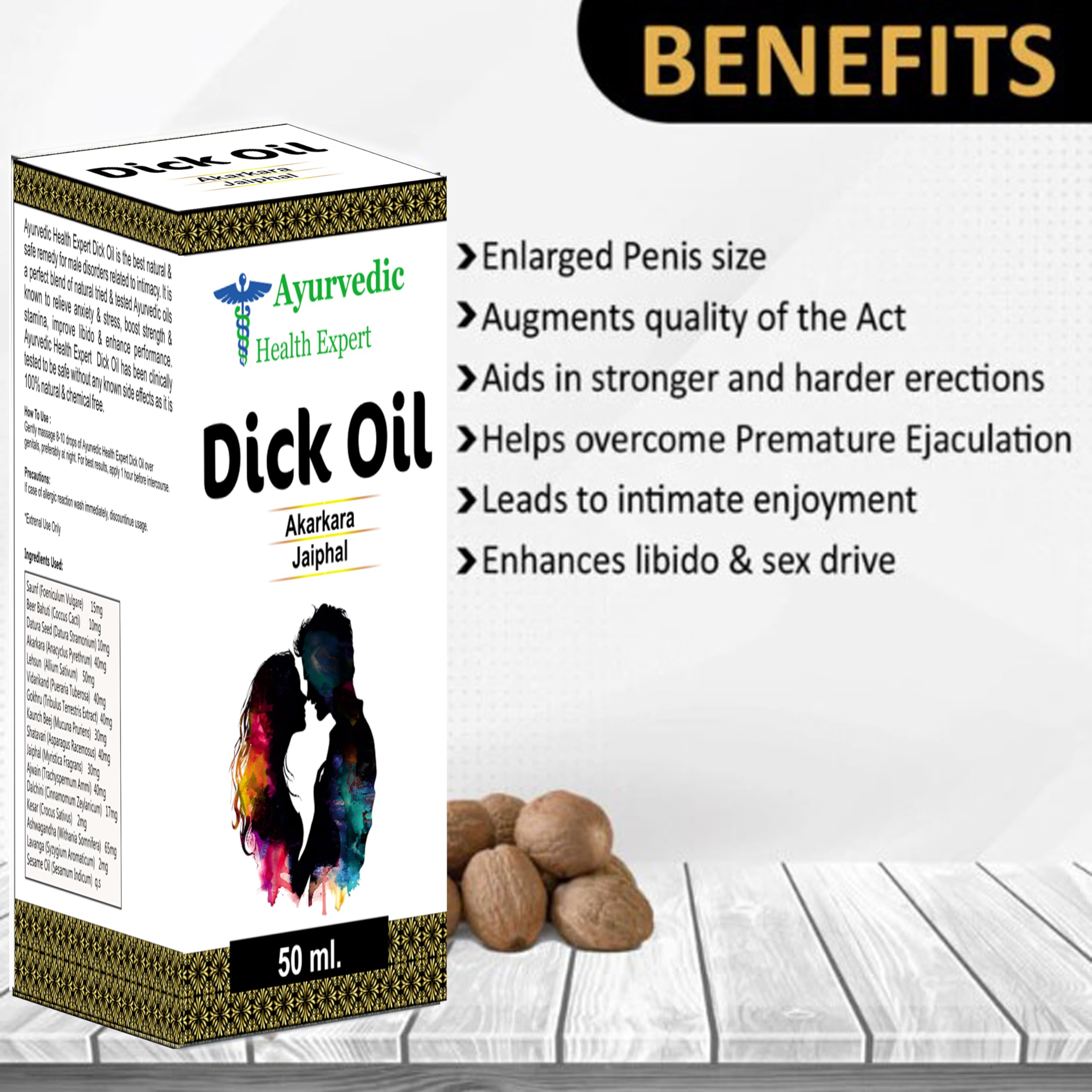 Ayurvedic Health Expert Dick Oil natural ingredients label focusing on 100% pure herbal blend.