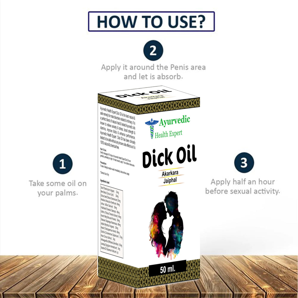 Ayurvedic Health Expert Dick Oil 50ml pack packaging emphasizing compact travel-friendly size.