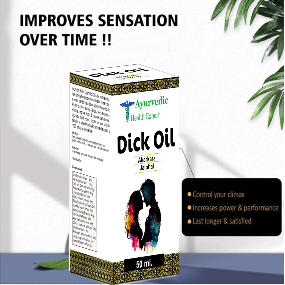 Ayurvedic Health Expert Dick Oil bottle showing stress-relief potential when used regularly.