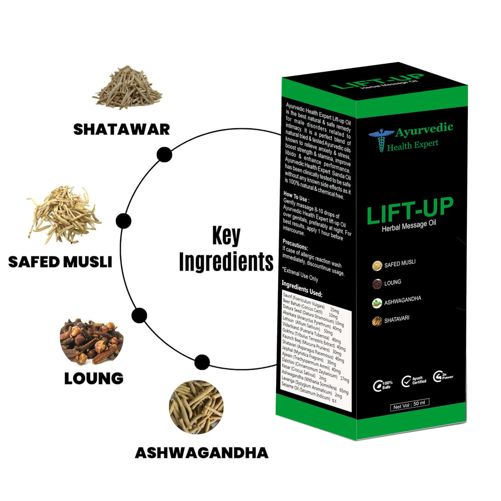 Ayurvedic Health Expert Lift-up bottle pour shows smooth oil for massage.