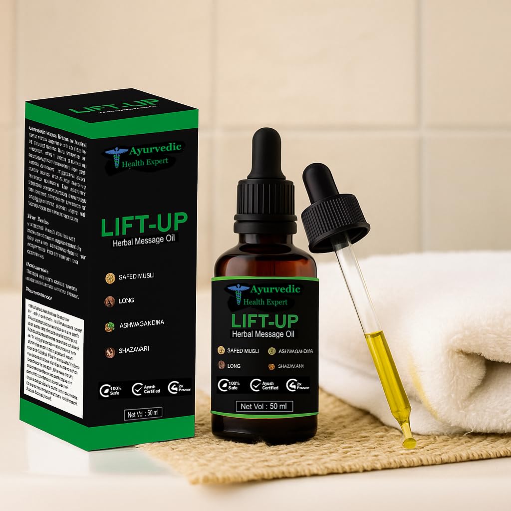 Ayurvedic Health Expert Lift-up bottle showing pure oil for men's vitality.