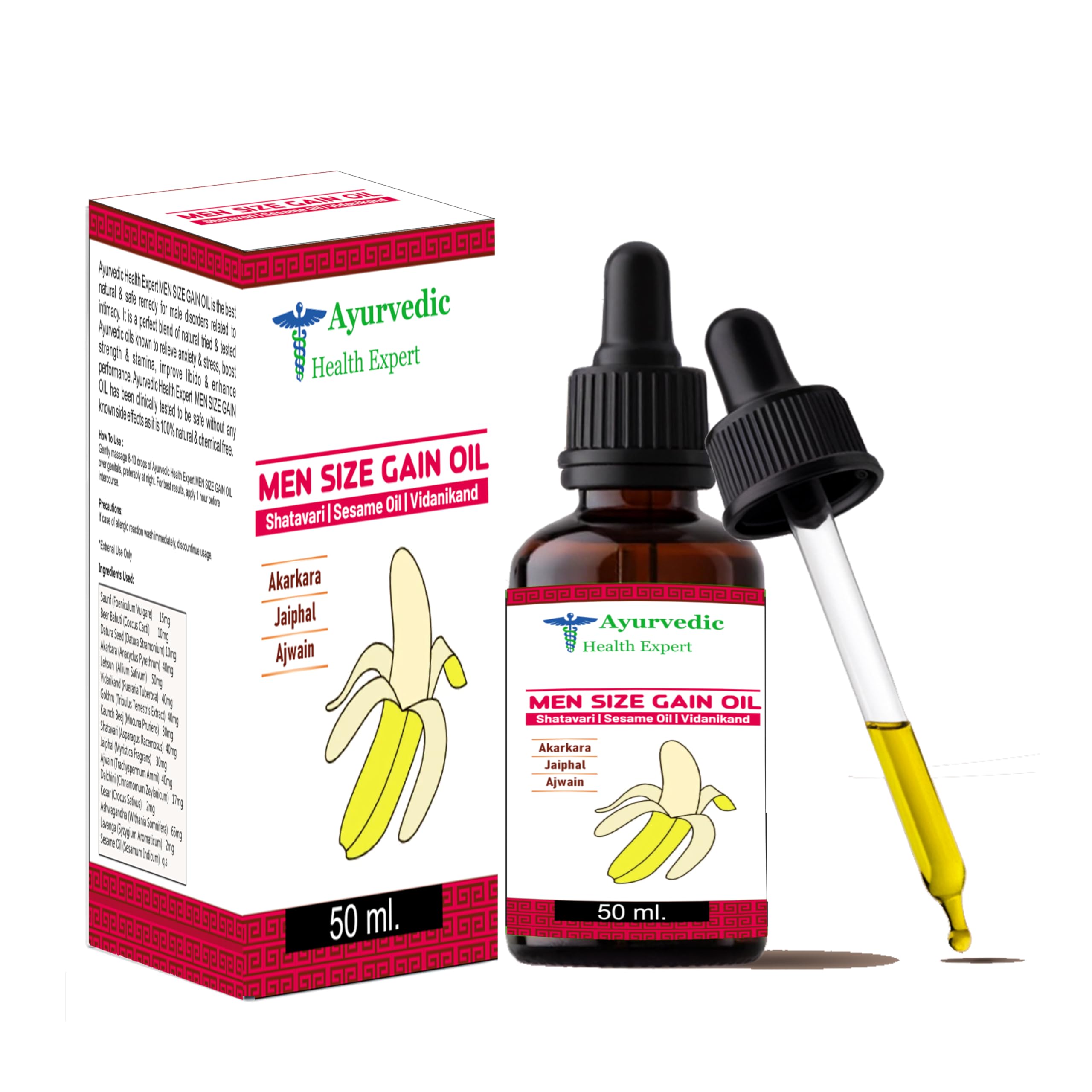 Ayurvedic Health Expert Men Size Gain Oil bottle showcasing 50ml pure formula for vitality