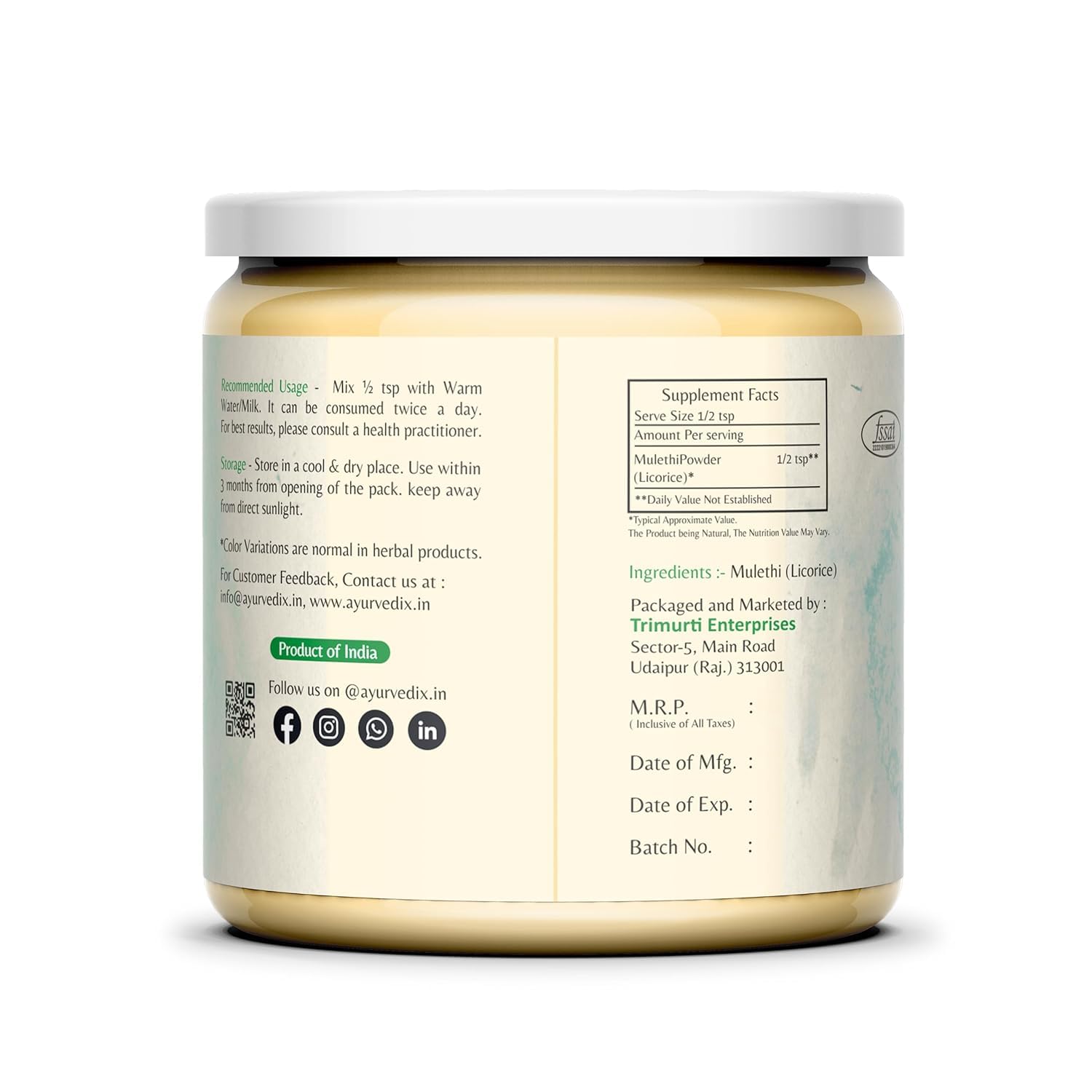 Ayurvedix Mulethi powder closeup highlighting pure organic formulation for daily use