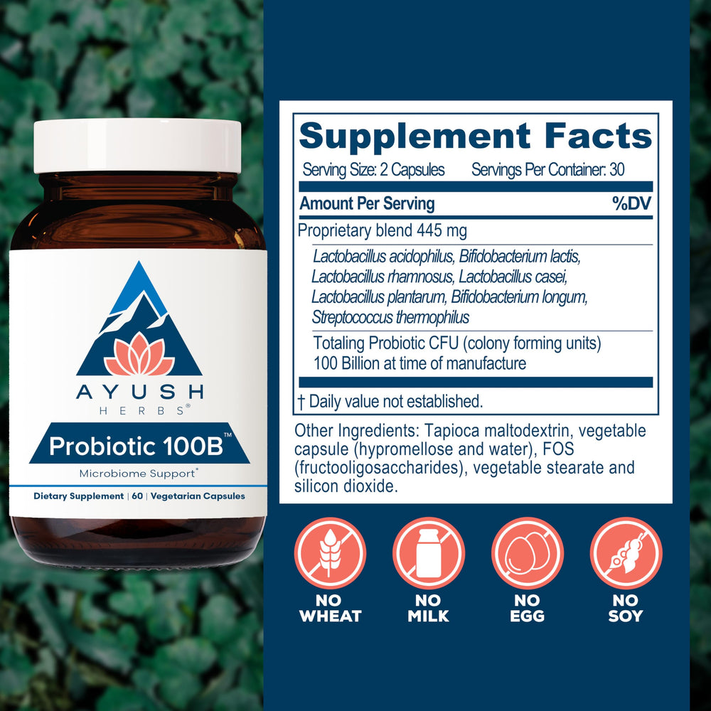 Ayush Herbs All-Natural Probiotic 100B back label with usage notes.