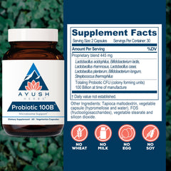 Ayush Herbs All-Natural Probiotic 100B back label with usage notes.