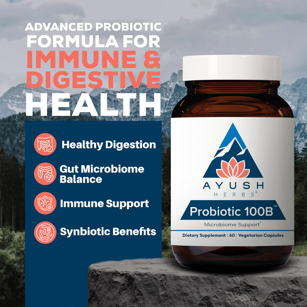 Ayush Herbs All-Natural Probiotic 100B capsules layout for convenient daily use.