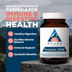 Ayush Herbs All-Natural Probiotic 100B capsules layout for convenient daily use.